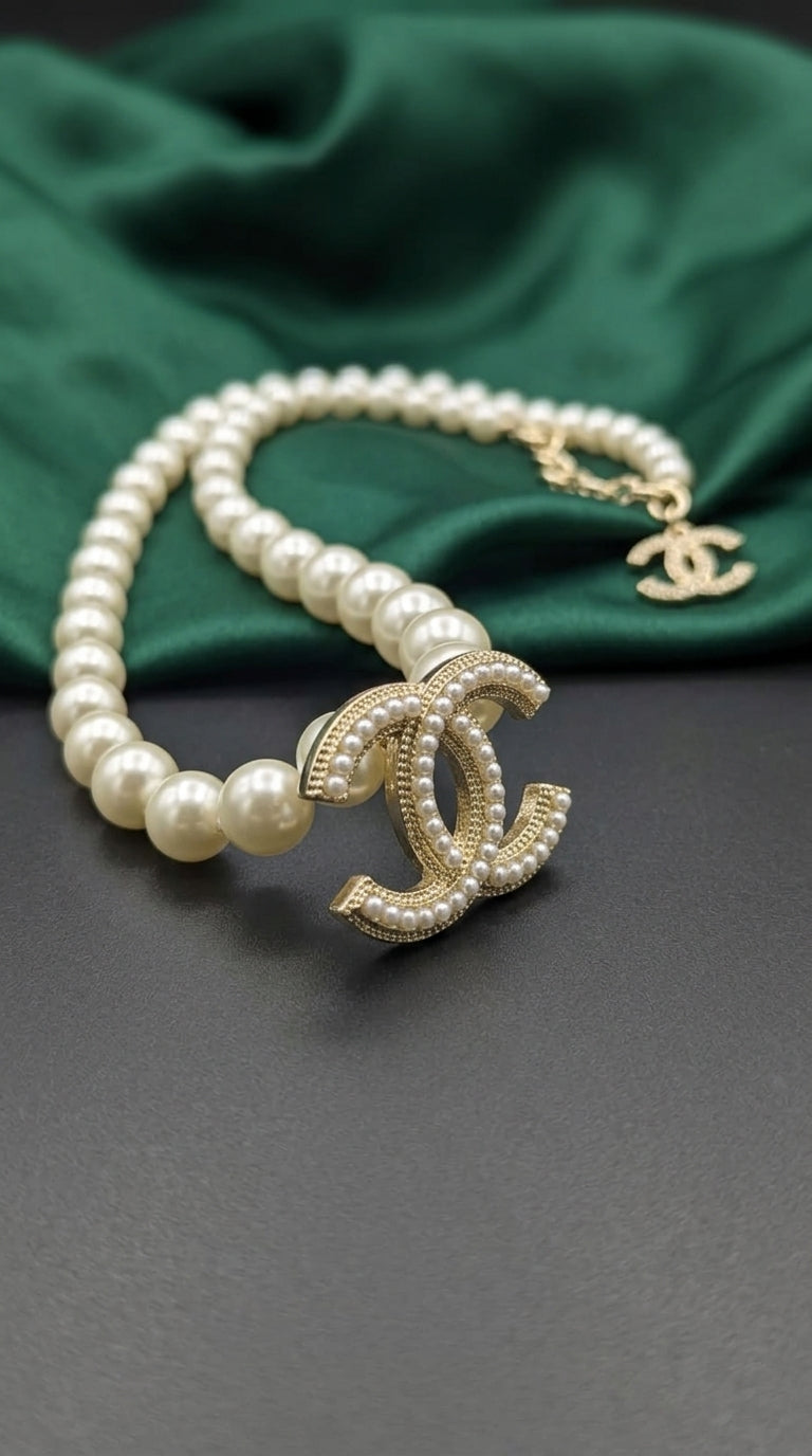 Chanel Pearl Necklace &amp; CC Logo Earrings Set
