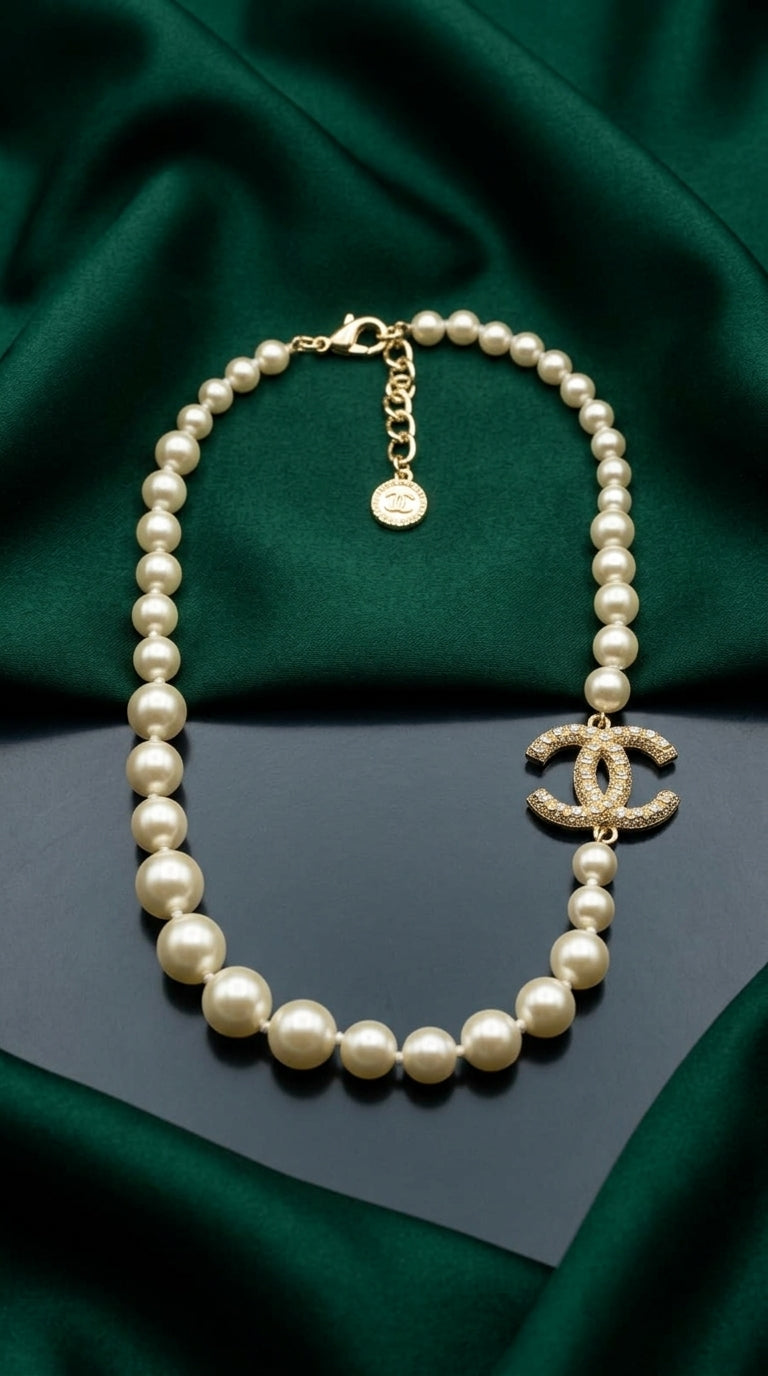 Chanel Pearl Necklace &amp; CC Logo Earrings Set
