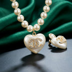 Chanel Pearl Heart CC Logo Necklace &amp; Earrings Set