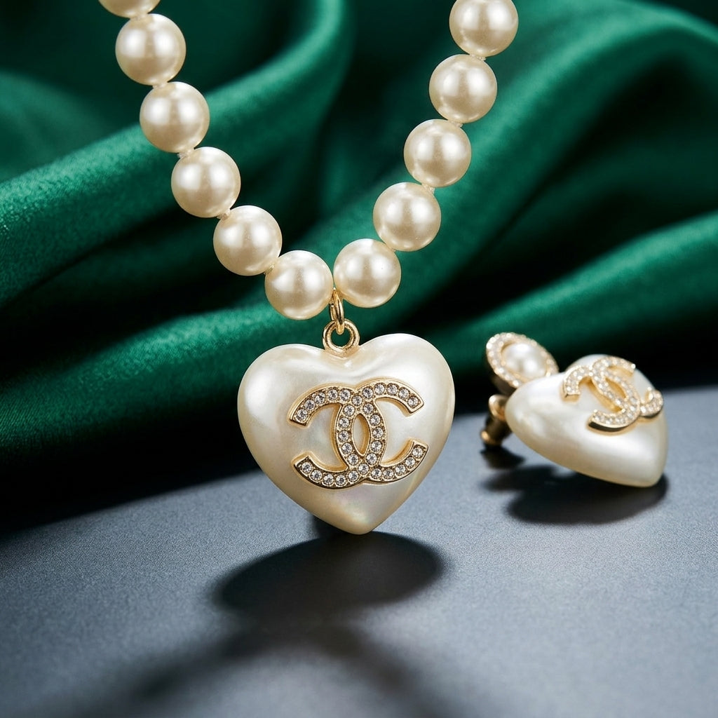 Chanel Pearl Heart CC Logo Necklace &amp; Earrings Set