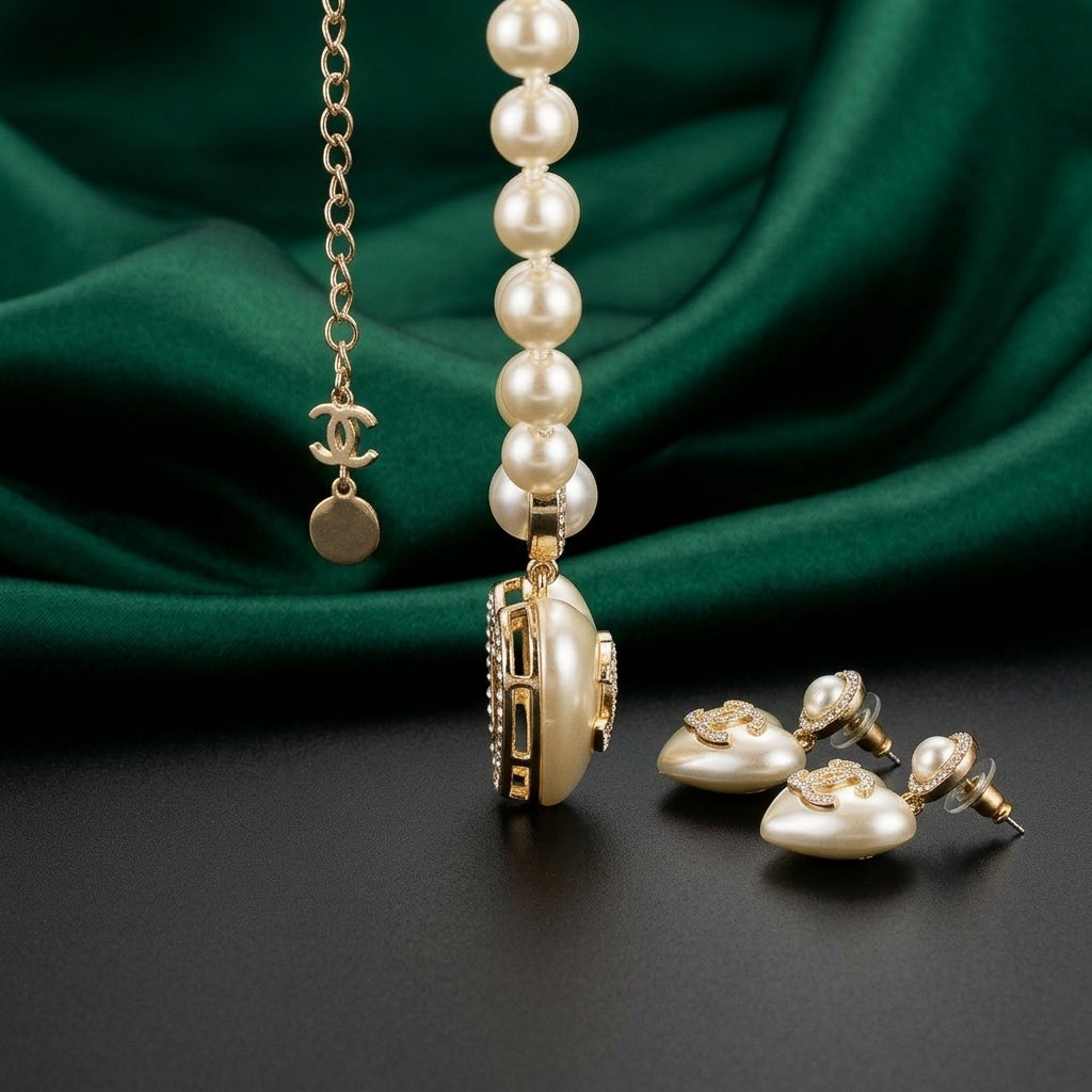 Chanel Pearl Heart CC Logo Necklace &amp; Earrings Set
