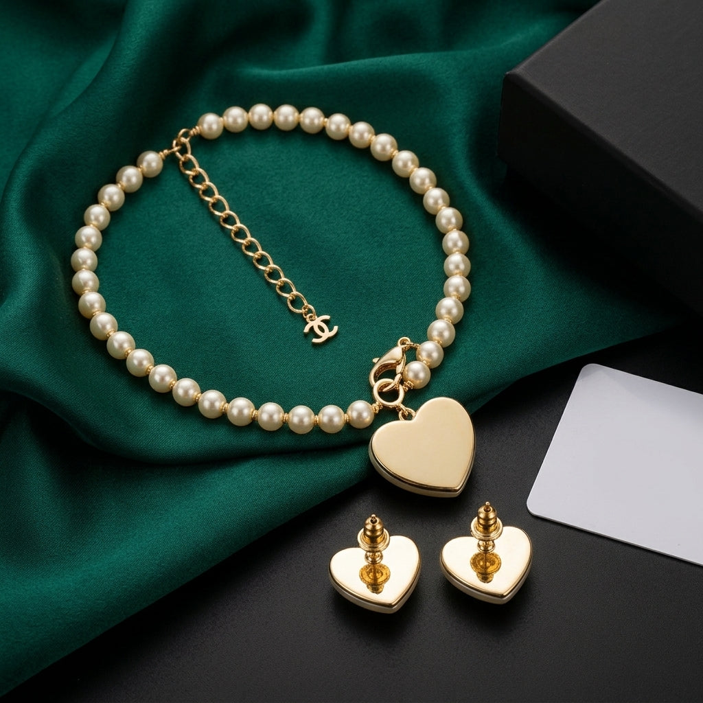 Chanel Pearl Heart CC Logo Necklace &amp; Earrings Set