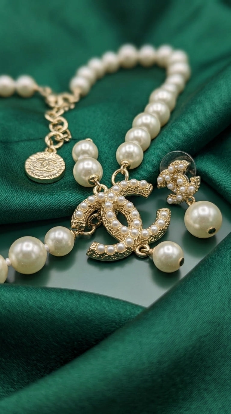 Chanel Pearl Necklace &amp; CC Logo Earrings Set