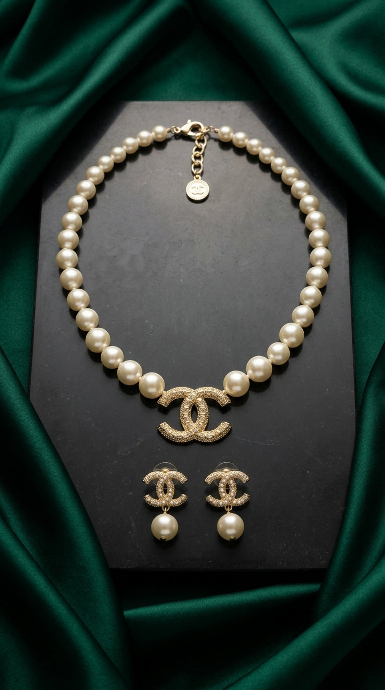 Chanel Pearl Necklace &amp; CC Logo Earrings Set
