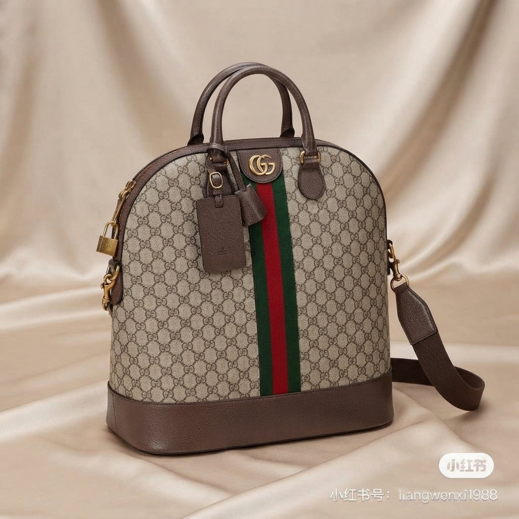 Gucci Ophidia GG Dome Bag | Beige Monogram Canvas with Web Stripe & Gold Hardware –| LisaLuxuryHub