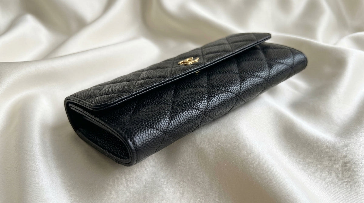Chanel Long Flap Wallet | Black Caviar Leather with Gold CC Hardware –| LisaLuxuryHub