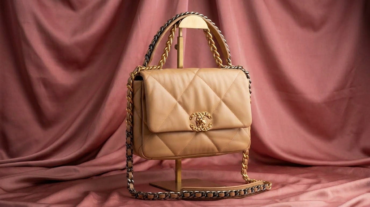CHANEL Tan Puffy Quilted Leather Bag with Two-Tone Chain Handle