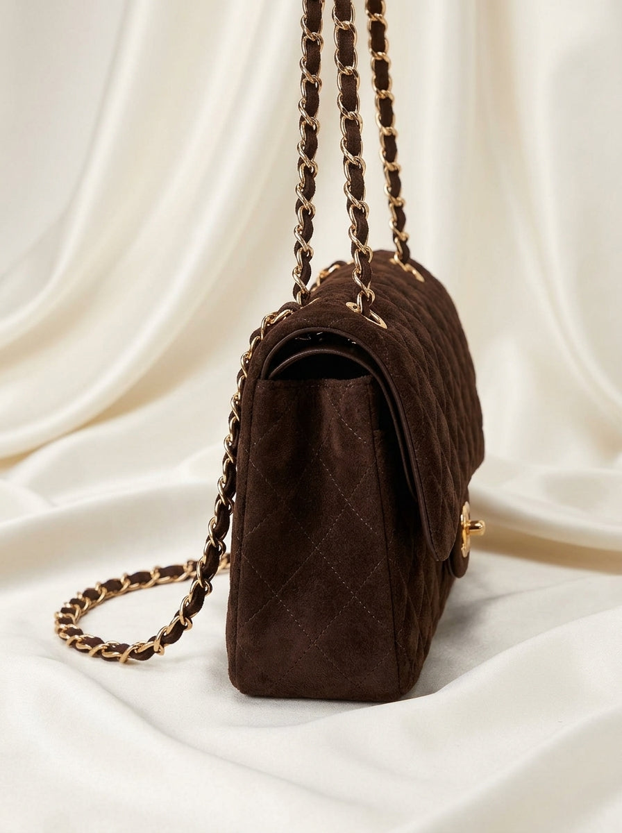 Chanel Medium Flap Bag | Dark Brown Suede Gold Chain – Preloved Luxury | LisaLuxuryHub