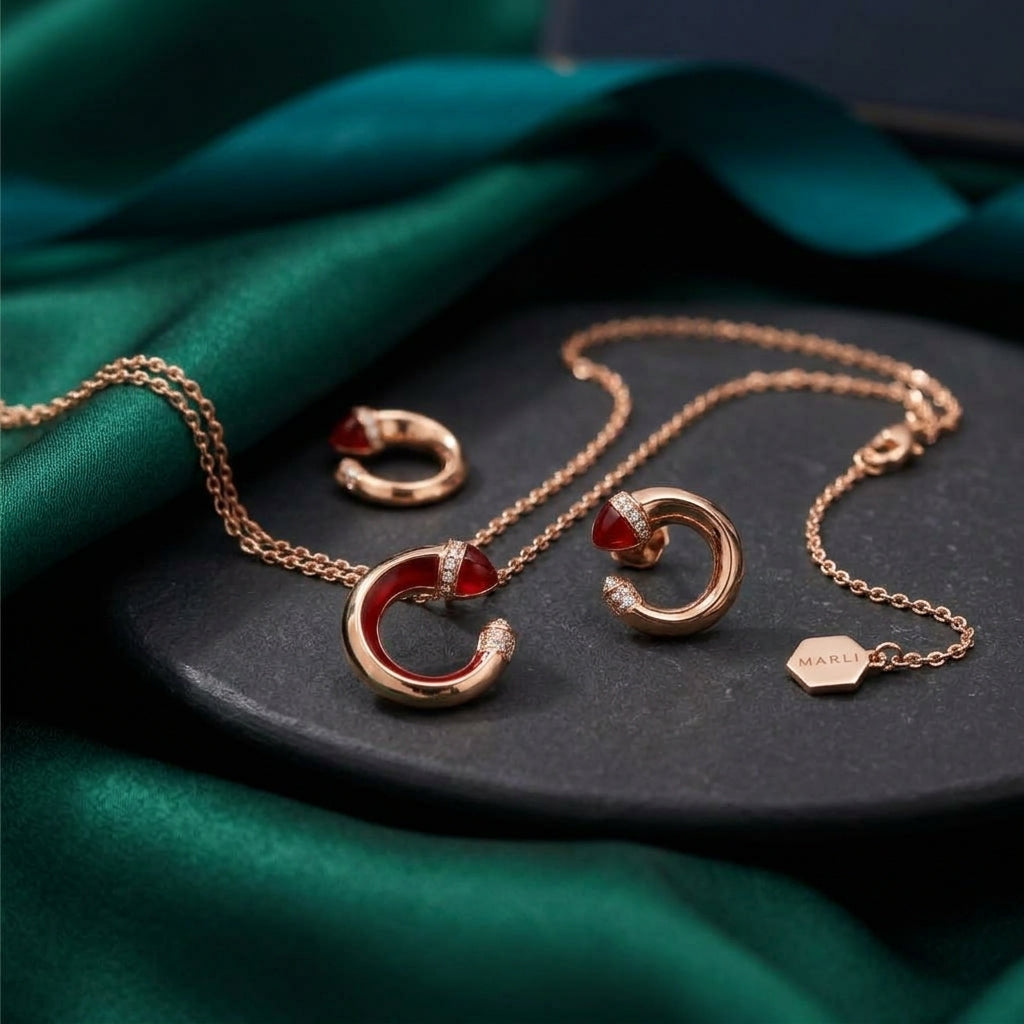 Marli Rose Gold-Tone Ruby-Accent Open Circle Jewelry Set – 2 Pieces