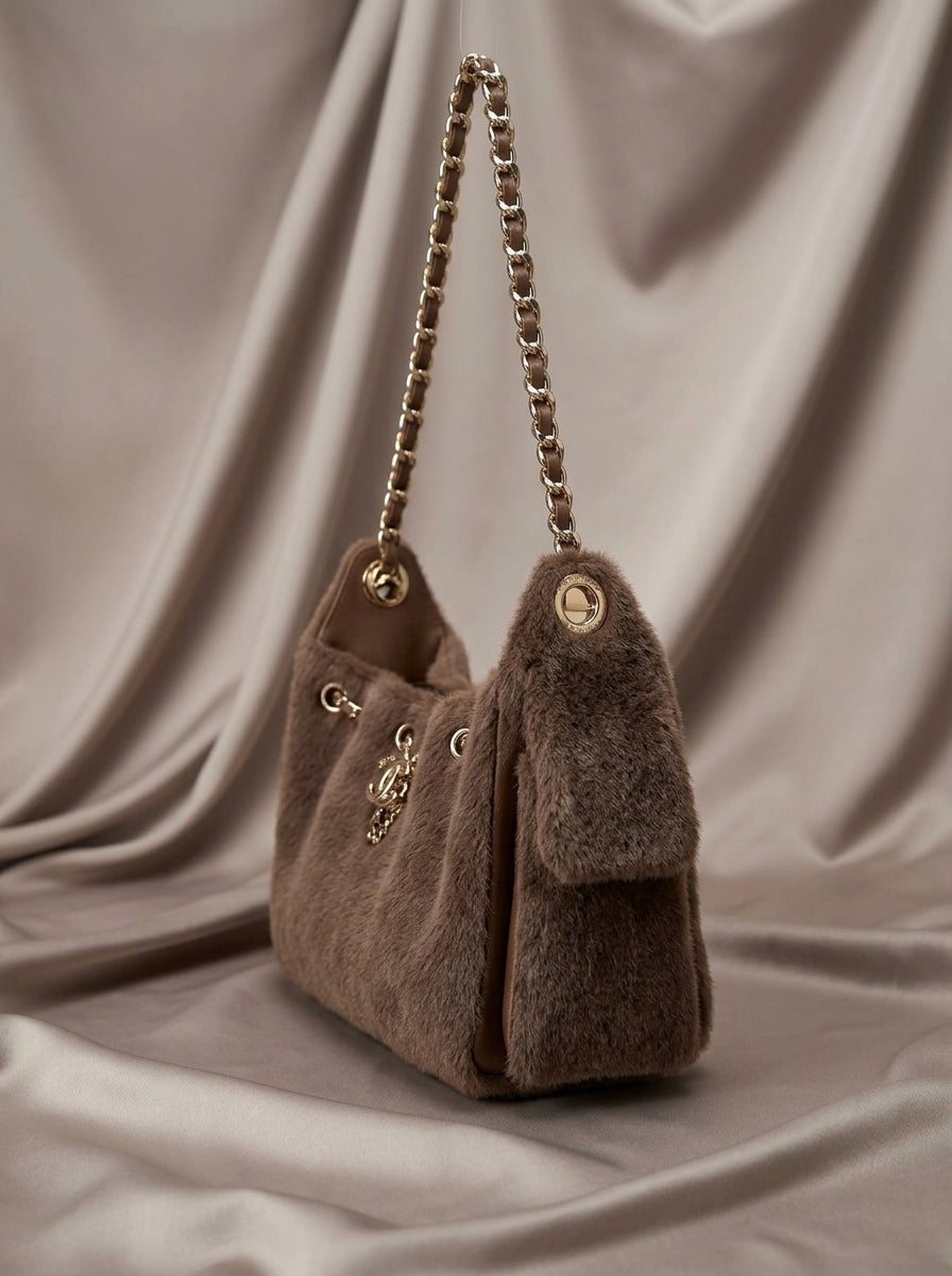 Chanel Fur Shoulder Bag | Taupe Plush Fur with Gold CC Charm & Chain Strap–| LisaLuxuryHub