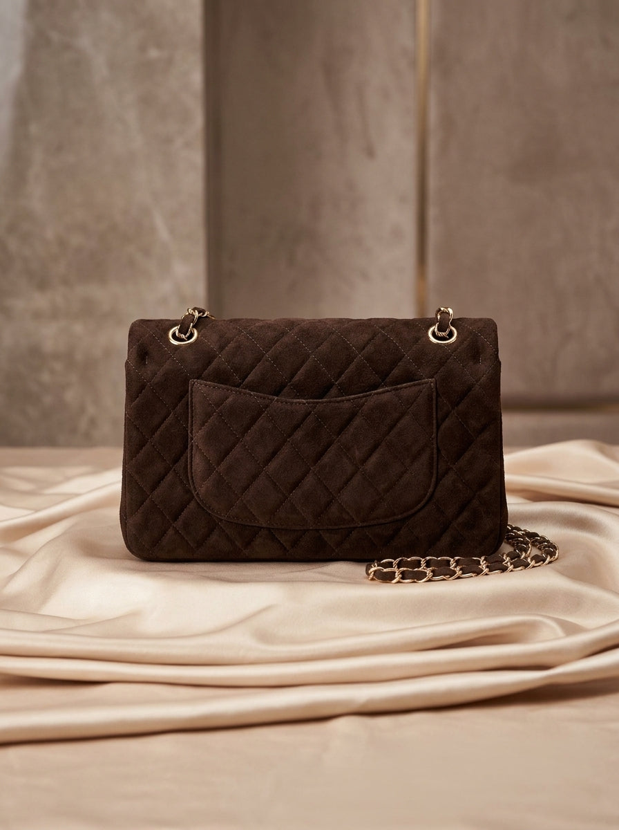 Chanel Medium Flap Bag | Dark Brown Suede Gold Chain – Preloved Luxury | LisaLuxuryHub