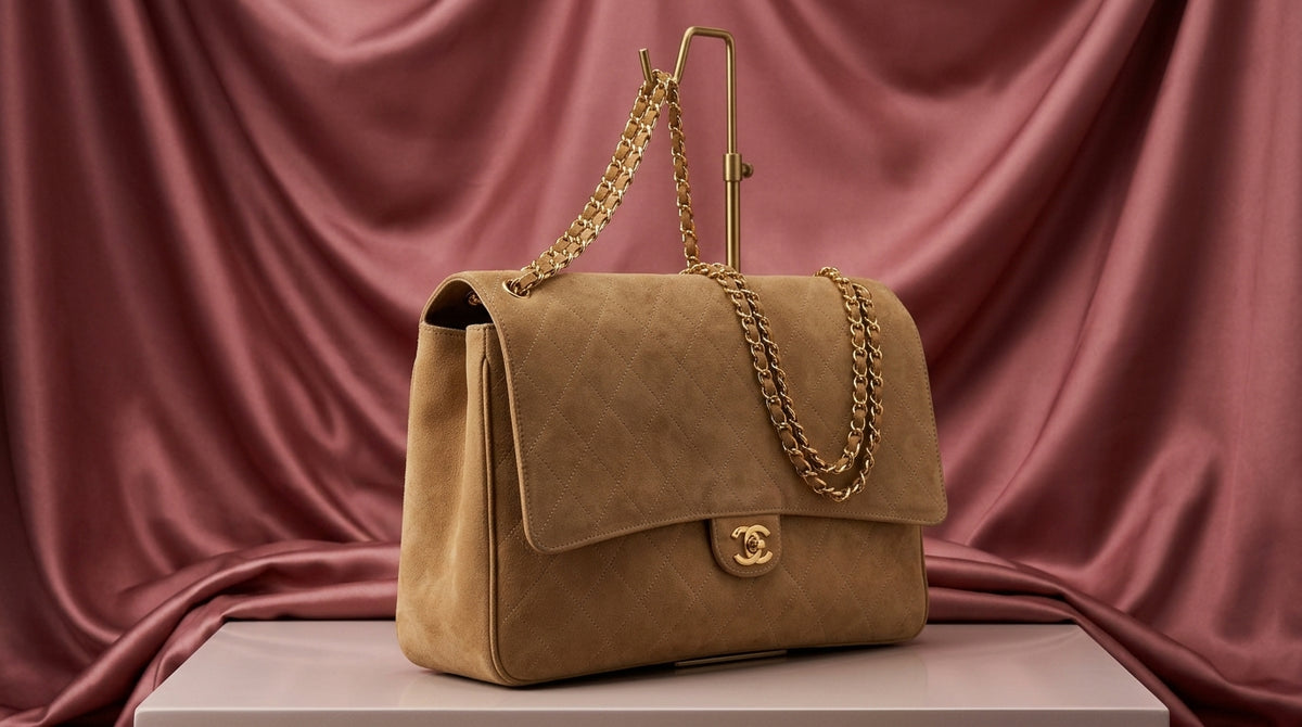 CHANEL Tan Quilted Suede Flap Bag with Gold Chain Strap