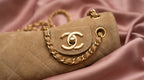 CHANEL Tan Quilted Suede Flap Bag with Gold Chain Strap