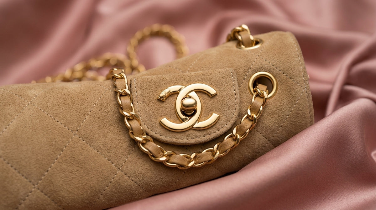 CHANEL Tan Quilted Suede Flap Bag with Gold Chain Strap