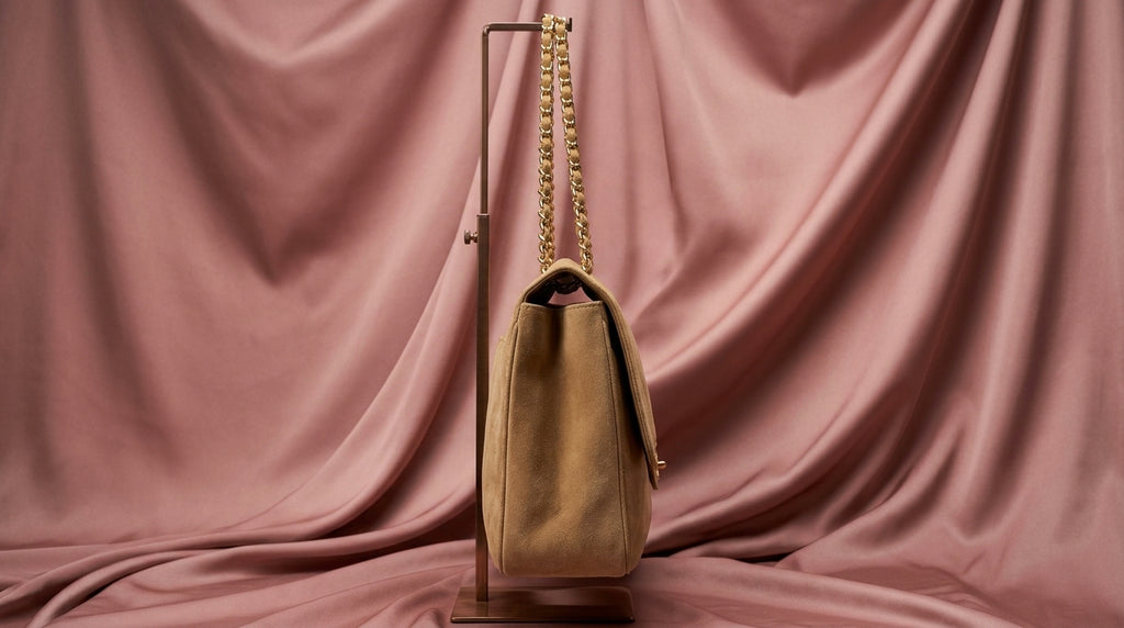 CHANEL Tan Quilted Suede Flap Bag with Gold Chain Strap