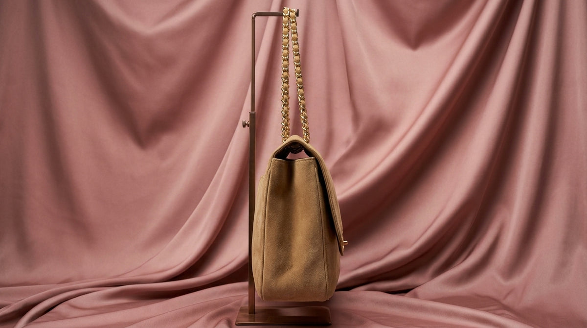 CHANEL Tan Quilted Suede Flap Bag with Gold Chain Strap