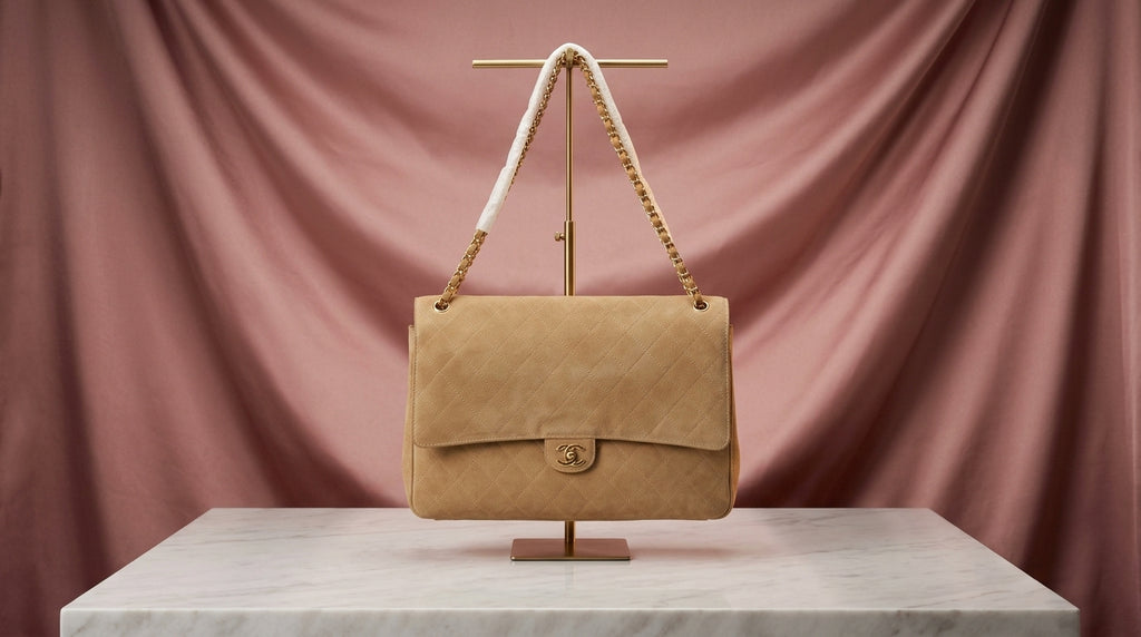 CHANEL Tan Quilted Suede Flap Bag with Gold Chain Strap