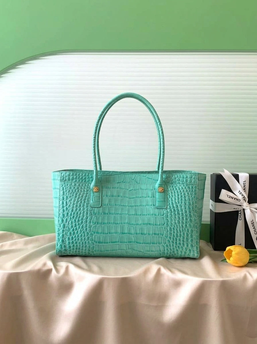 Chanel Croc-Embossed Tote Bag | Turquoise Leather with Gold CC Hardware –| LisaLuxuryHub