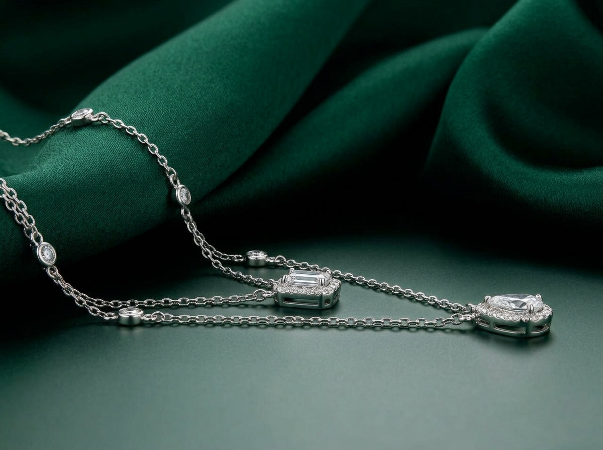 Layered Halo Diamond-Cut Necklace — Emerald &amp; Pear Cut Set