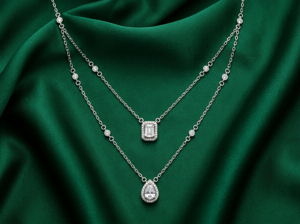 Layered Halo Diamond-Cut Necklace — Emerald &amp; Pear Cut Set