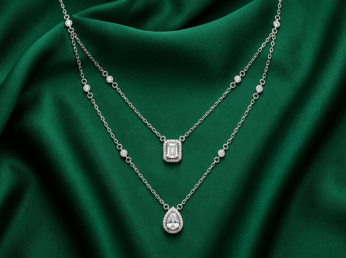 Layered Halo Diamond-Cut Necklace — Emerald &amp; Pear Cut Set