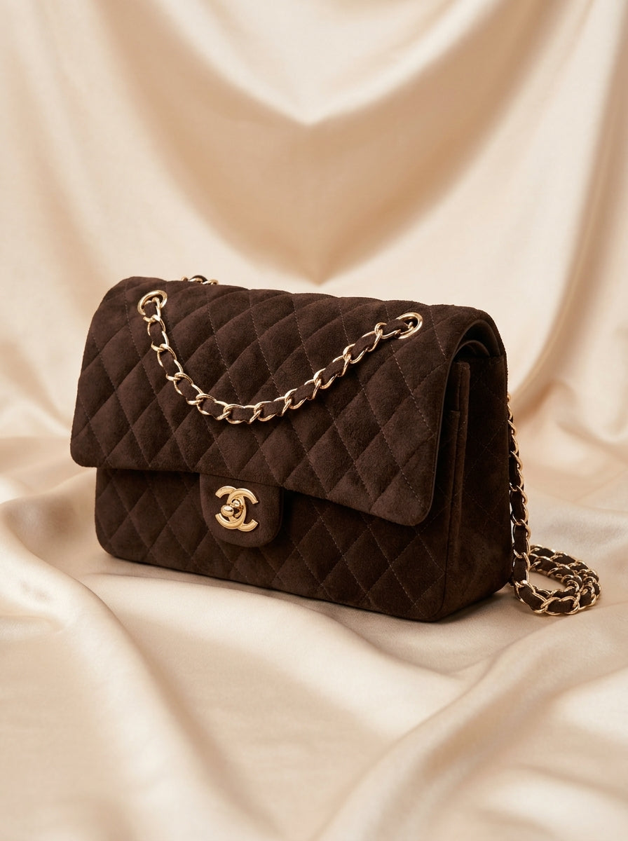 Chanel Medium Flap Bag | Dark Brown Suede Gold Chain – Preloved Luxury | LisaLuxuryHub