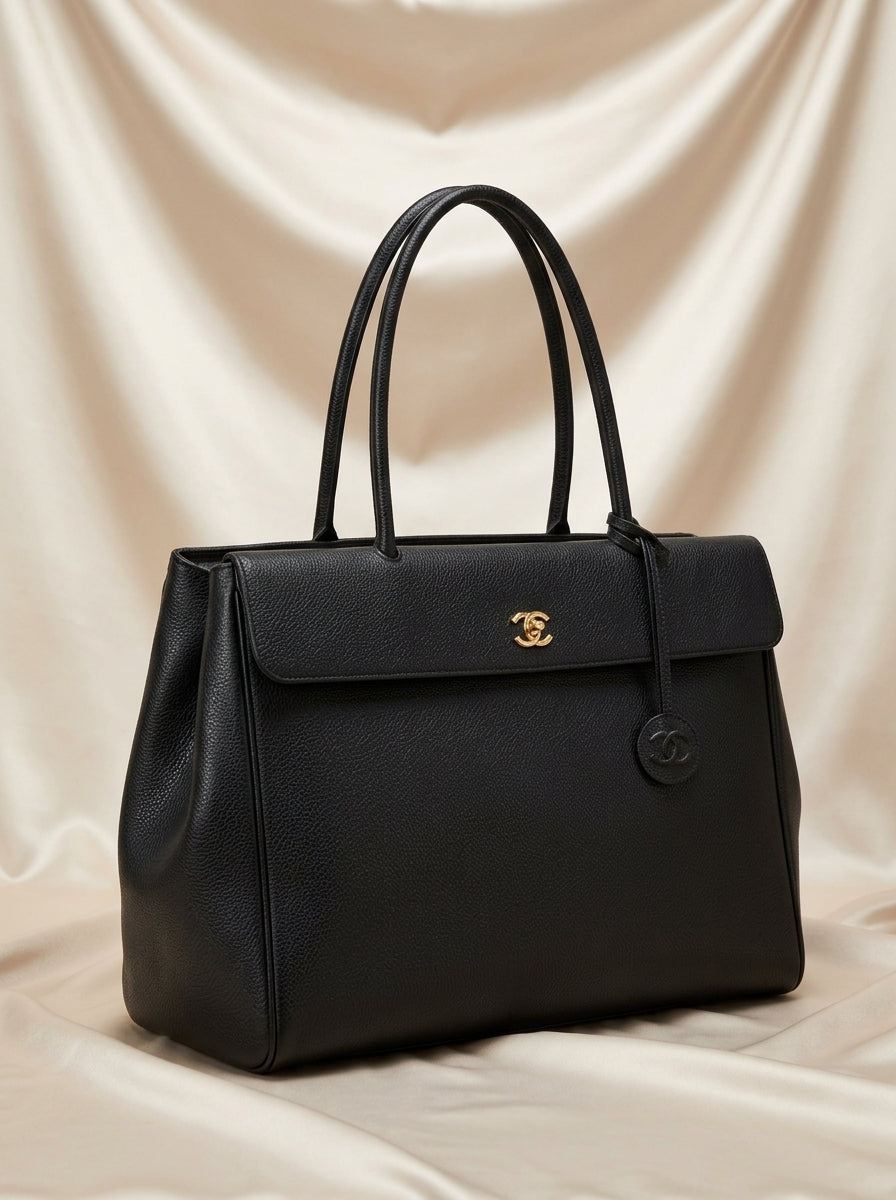 Chanel Large Tote Bag | Black Grained Leather with Gold CC Charm & Tassel –| LisaLuxuryHub