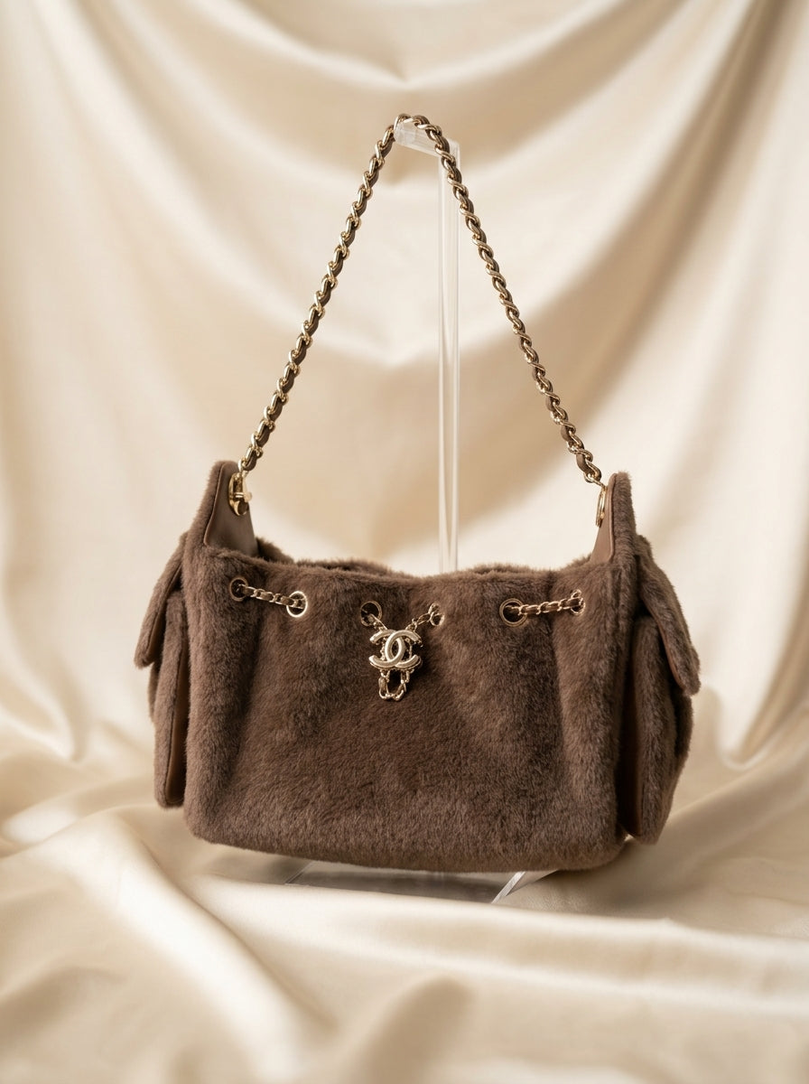 Chanel Fur Shoulder Bag | Taupe Plush Fur with Gold CC Charm & Chain Strap–| LisaLuxuryHub
