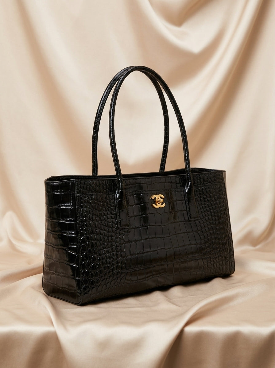 Chanel Croc-Embossed Tote Bag | Black Glossy Leather with Gold CC Hardware –| LisaLuxuryHub